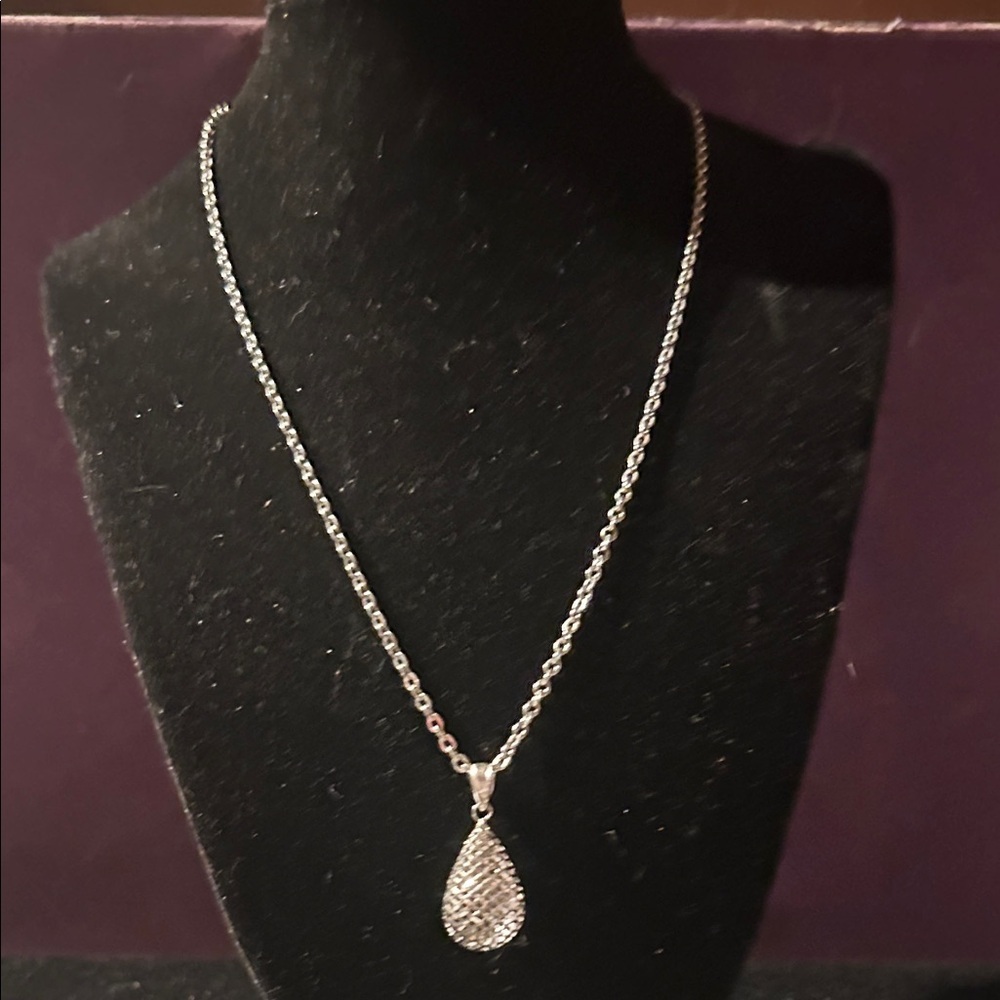 Silver Teardrop Pendant Necklace - Sparkling Crystal Accent